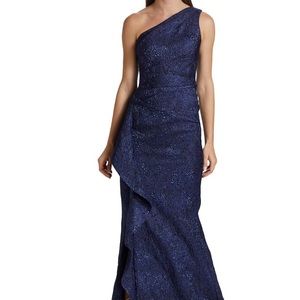 Rickie Freeman for Teri Jon One-Shoulder Navy Blue Evening Gown